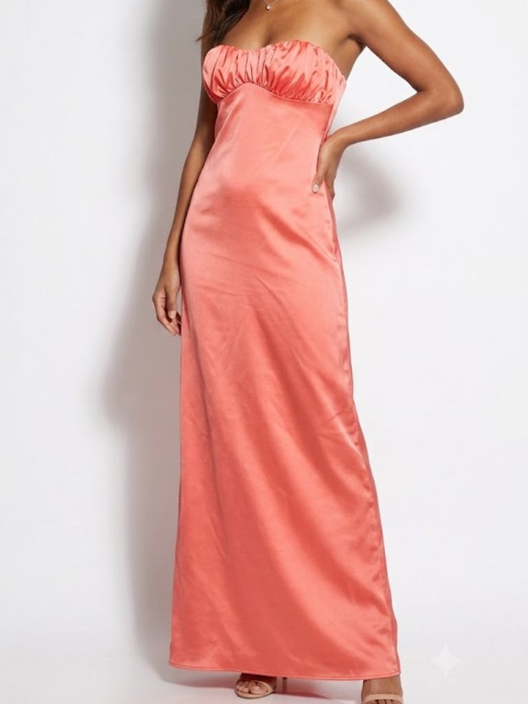 Peppermayo Coral Pink Satin Strapless Empire Ruched Bust Column Maxi Dress Us 2